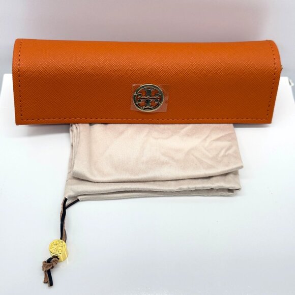 New Tory Burch Orange Small Eyeglasses Case with Cloth Pouch - Picture 2 of 4